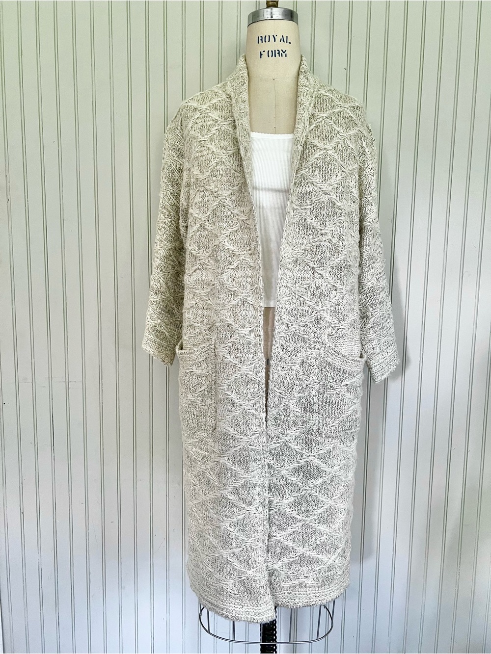 Anthropologie Long Lined Beige Textured Open Front Cardigan Sweater